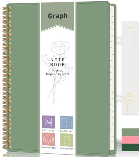 XLOXFU Graph Paper Notebook A4,Squared Notebook Grid Journal, 110 Pages,100gsm Thick Paper, with Bookmark Ruler, Inner Pocket, Thick 80S PVC Cover, for Office School, 14.5 x 21cm, Sage Green