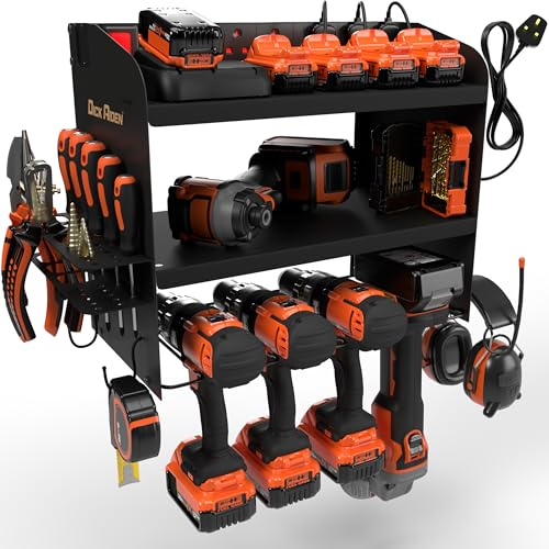 Toolganize Power Tool Organizer, Lagerregal mit Steckdosenleiste Ladestation, Heavy Duty für Werkstatt & Garage Werkzeuge -4 Slot, Schwarz