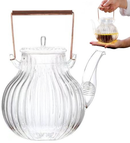 Glass Tea Kettle, 750ml Heat-Resistant Clear Teapot with Lid, Retro Style Portable Tea Kettle with Handle for Stovetop