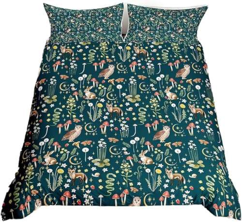 Homewish Green Duvet Cover King Size, Rustic Floral Bedding King Size for Kids Adults, Cute Woodland Animal Print Bedding Sets, Aesthetic Spring Garden Flower Bed Sets, Microfiber Reversible