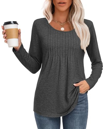 MOLERANI t Shirt Femme décontractés T-Shirt Col Rond Chemise à Manches Longues plissé T-Shirt Confort Amples Top Gris M