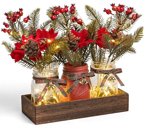 DUOER 3 Pcs Mason Jar Centerpiece Decorations for Christmas Table Decor Farmhouse Coffee Table Decor Christmas Kitchen and Room Decor,Red