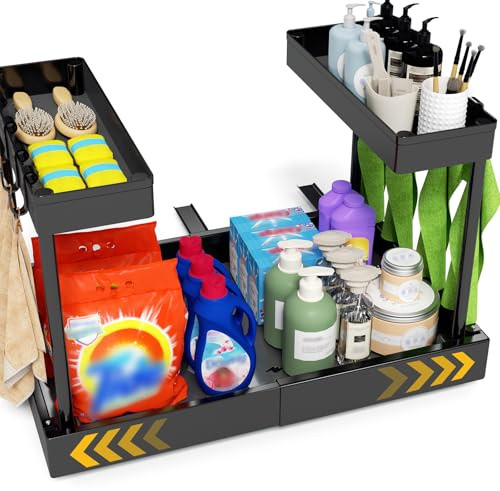 2 Pack Metal Under Sink Storage Organiser,2 tier Pull Out Undersink Storage Organiser Kitchen,38cm-55cm Width Expandable with 3 sliding Rails Drawers Cupboard Organiser with Hooks Kitchen Bathroom Hom