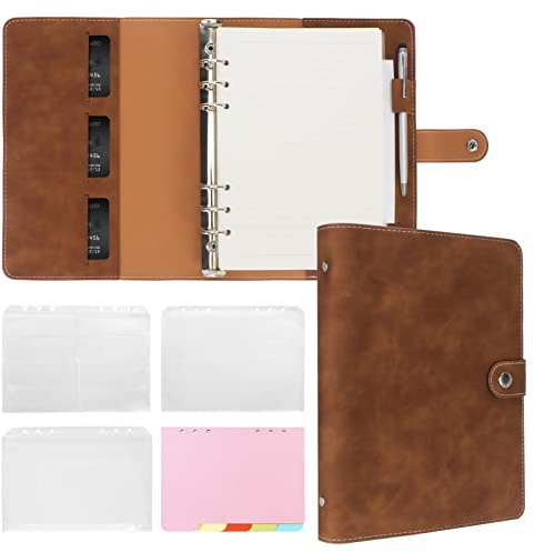 FYY A5 Ringbuch, 6 Ringe Leder Notizbuch, Tagebuch mit 100GSM Nachfüllbar Papier, Bindertaschen, Registerteiler, Organizer Planer für Schule, Büro, Schreiben-Braun