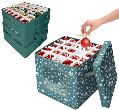 Anstore Weihnachtsschmuck Aufbewahrungsbox Grün für 83 Kugeln, 1 Weihnachtskugel Organizer, 4 Ebenen Weihnachtskugeln Aufbewahrung mit Griffen, Grün Bottom Snowflake Sortierbox für Christbaumkugeln
