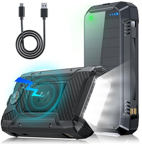 Solar Powerbank 49800mAh, PD 30W USB C Solar Ladegerät Schnellladen mit 2 Kabeln, 4 Ausgänge 2 Eingänge, 15W Wireless Charger, LED Leuchtanzeigen, Taschenlampe, Externe Handy-Akkus für Smartphone