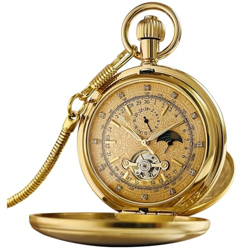VIGOROSO Mechanical Pocket Watches for Men with Chain Tourbillon Vintage Men's Pocket Watch for Women Wind Up Gold Pocketwatch Arabic Wedding Christmas Birthday Gifts for Men Women