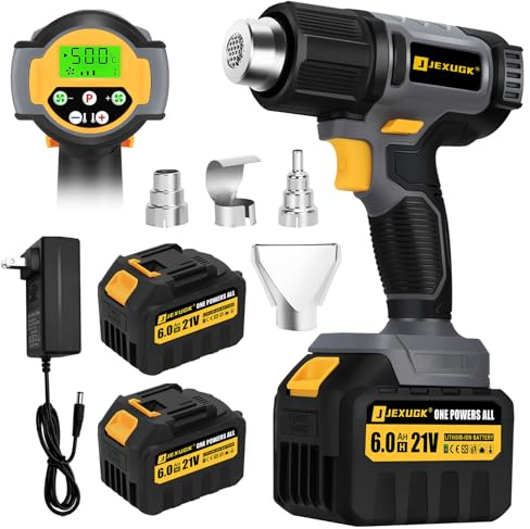 JEXUGK LCD Cordless Heat Gun, Portable Hot Air Gun with 2 x 6.0Ah Battery, Pistola De Calor Inalambrica with 4 Nozzles, 122℉-1022℉ Fast Heating Shrink for Vinyl Wrap, Automotive, Paint Removal