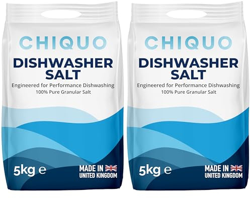 Chiquo Dishwasher Salt 5kg - Made in the United Kingdom - High Purity Formula - For Dishwashers & Water Softeners - Limescale Protection - Fast Dissolving Granules (5kg (Pack of 2))
