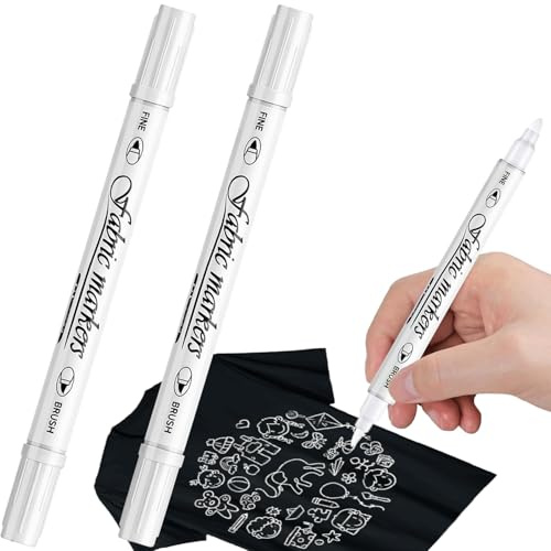 Canollo Textilstifte Waschmaschinenfest mit Doppelspitze, 2 Stück Textilstifte Weiß, Textilmarker Waschmaschinenfest Weiß, Textilfarbe, Stoffmalstifte Weiße für Textilien Schuhe Die Hemden Hüten