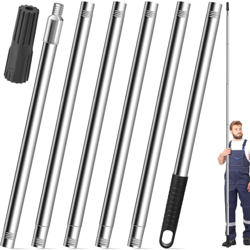 2.2m Paint Roller Extension Pole with Tapered Adapter, 6 Segmented Stainless Steel Telescopic Poles, Lightweight Mop Handle, Extendable Roller Pole for Painting & Window Cleaning Tools