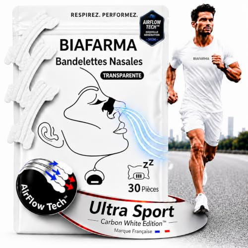 Biafarma® Bandelettes Nasales Sport Transparentes Haut De Gamme | AirFlow Tech™ & GripTech™ : ouverture nasale optimisée et tenue extra-forte jusqu’à 12H, même pendant le sport.
