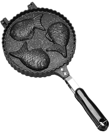Générique Plat De Cuisson Taiyaki – Gaufrier Avec Revêtement Antiadhésif À Long Manche | Moule À Crêpes Double Face En D'aluminium | Galettes De Poisson Snacks Cuisine À Feu Ouvert Noir 41x20 Cm