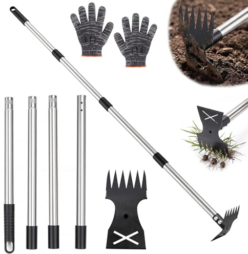 Kanzith Deshierbe con longitud ajustable mango (150 cm), rastrillo 2 en 1 y azada de jardín, dispositivo para eliminar malas hierbas, con guantes de jardín para jardín, patio, terraza y césped