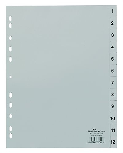 Durable 651210 Registro de número (A4, pestañas en relieve 1-12, cobertura completa de PP) 25 piezas, gris