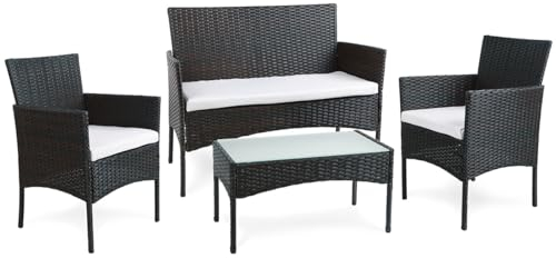 BENEFFITO Tulum - Salon de Jardin en résine tressée 4 Places: 1 canapé, 2 fauteuils, 1 Table Basse - Coussins déperlants et déhoussables avec Fermeture éclair - Noir/Beige