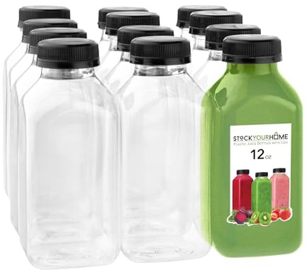12 oz Juice Bottles with Caps for Juicing (12 pack) - Reusable Clear Empty Plastic Water Bottles - Drink Containers for Mini Fridge, Juicer Shots Includes Labels, Brush & Funnel