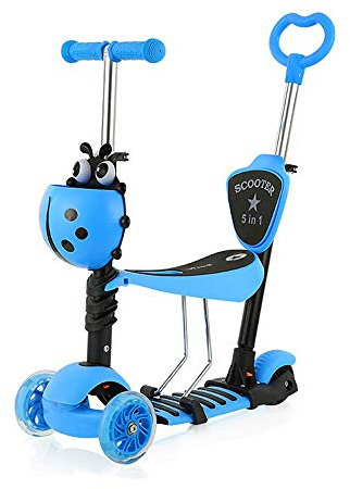 YOLEO Monopattino per Bambini 5-in-1, Monopattino 3 Ruote Lampeggianti in LED, Kids Scooter, Con Sedile Estraibile/Monopattino Bambini 2 a 8 Anni, Carico Massimo 50 Kg (5-in-1 Blu)