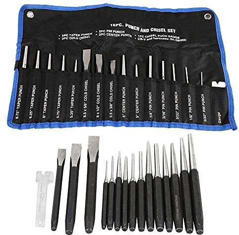 Mechanics Punch and Chisel Set, 16 Pieces Heavy Duty Anti-Rust Mechanics Punches and Chisel Set Pin Centre Taper Cold Gauge for Bolting, Carving, Masonry, Metal Punching and Riveting