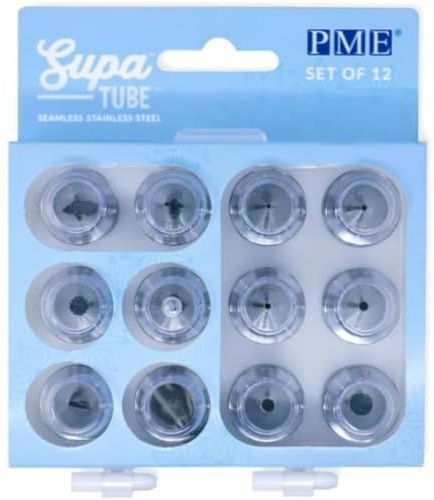 PME Supa Tube Nozzles Set of 12, Stainless Steel, Silver | Professional cake decorating nozzles create consistent patterns, ideal for commercial baking and catering tasks
