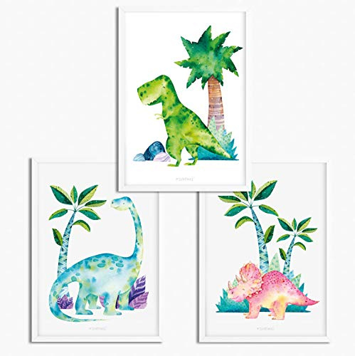 Sunnywall® 3er Set Poster Kinderzimmer - A4 Bilder Babyzimmer Kinderposter | OHNE Bilderrahmen | - Deko Junge | Dinosaurier Dino T-Rex Brachiosaurus Triceratops