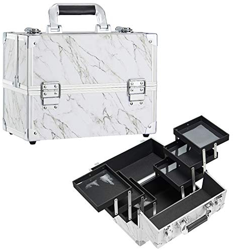 Joligrace Valigetta Trucchi Valigetta Grande Unghie per Cosmetici Organizzatore Professionale Valigia porta Trucco Trucchi Makeup Case Cofanetto Beauty Case Viaggio 6 Vassoi Modello in marmo, Bianco
