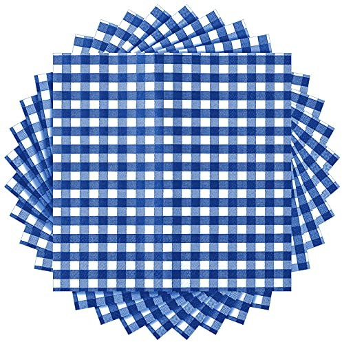 Tatuo 100 Blatt Gingham Papier Servietten mit 3 Schichten Einweg Klassische Karierte Papier Servietten 33 x 33 cm für Picknick Neujahr Weihnachten Geburtstag(Blau und Weiß)