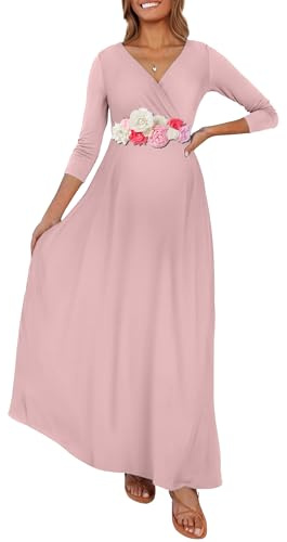 KIM S Maternity Dress for Photoshoot Long Sleeve Christmas Photography Plus Size Pregnancy Clothes Maxi Wrap Postpartum 2025 (Dusty Pink XL)