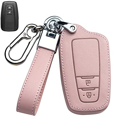 HIBEYO Smart Autoschlüssel Hülle passt für Toyota Schutzhülle Schlüsselhülle Etui Rindsleder Cover Schlüsselbund passt für Toyota Camry Corolla Avalon Prius C-HR RAV4 Fernbedienung zubehör-Rosa C
