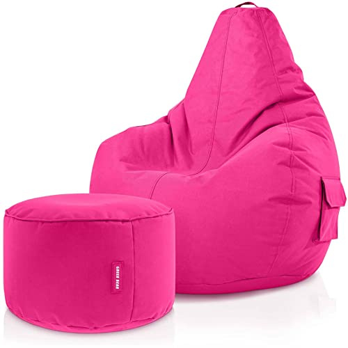Green Bean 2er Set Sitzsack mit Rückenlehne + Hocker rund - Gaming Chair, EPS-Perlen Füllung, Waschbar, Wetterfest - Gemütlicher Lounge SitzHocker rund für Indoor und Outdoor in Pink