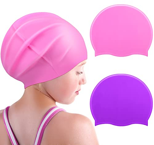 2 Pack Kids Large Swimming Cap for Long Hair Waterproof Silicone Swim Cap for Long Braids, Dreadlocks and Long Curly Fluffy Hair Girls Toddler Boys, Age 4-8(Pink, Purple,Small)