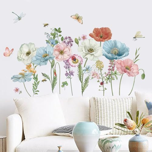 wondever Wandtattoo Mohnblumen Wandaufkleber Garten Blumen Schmetterling Wandsticker Wanddeko für Wohnzimmer Schlafzimmer Sofa Hintergrund