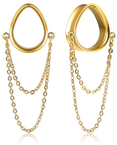 Vankula Ohr Tunnel mit anhänger 1 Paar Double Flared Flesh Plugs Tropfenförmige mit Kette Edelstahl für männer damen Ohrpiercing Schmuck 8mm(0G) Goldfarben