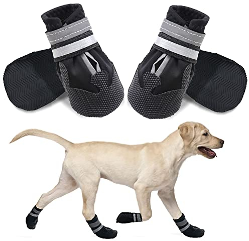 Dricar Hundeschuhe Pfotenschutz, 4 Stück Hunde Schuhe Wasserdicht Anti-Rutsch mit verstellbaren Riemen, Winter-Hundestiefel für mittlere große Hunde Outdoor-Spaziergänge und Innenbereich, Schwarz XXL