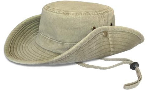 TOSKATOK® UPF 50+ Unisex Safari Outback Buschhut aus Baumwolle im australischen Stil mit breiter Krempe, abnehmbarem Kinnriemen, seitlichen Druckknöpfen und Lüftungsschlitzen-KHAKI-58