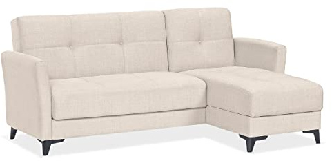 EVERGREENWEB Divano letto 3 Posti con Contenitore Trasformabile, Divano Angolare con Penisola Chaise Longue, Schienale Reclinabile 3 Livelli Clic Clac, Morbido Tessuto Imbottito Beige, Braccioli Slim