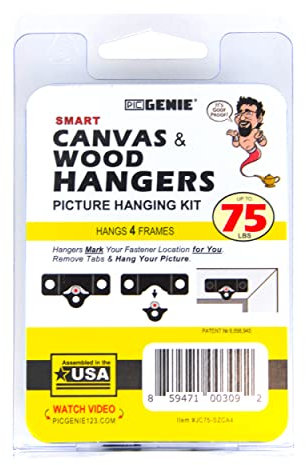 PicGenie Patented Metal Picture Hanging Kit, Hangs 4 Wooden Frames Up to 75 lbs, No Measuring Needed, Picture Hangers for Photos or Paintings, includes Drywall Anchors and Hardware
