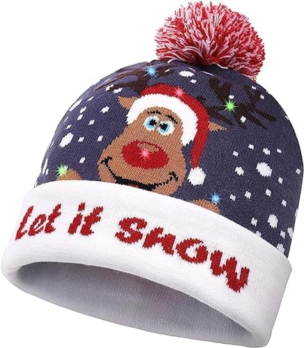 GETWHT Weihnachtsmützen Plüsch Unisex Bommel Mütze mit LED Licht Weihnachten Strickmütze Beanie Hat Wintermütze warme Mütze für Weihnachts Dekoration