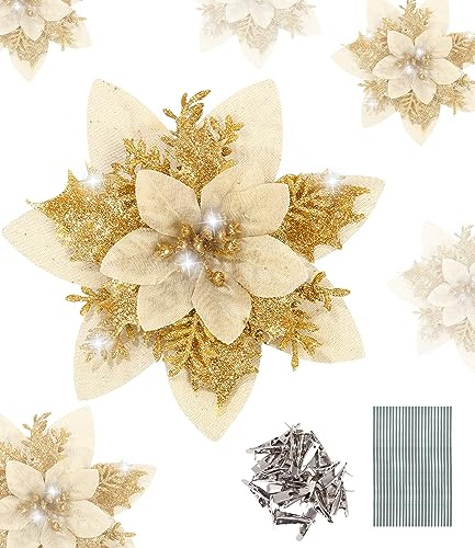 TIDEVAN 25 Stücke Künstliche Weihnachten Blumen Glitter Weihnachtsbaum Dekoration Weihnachten Glitzer Weihnachtsstern Blumen mit Metallclips,Walzdraht Hochzeit Weihnachtsbaum Neujahr Ornamente (Gold)