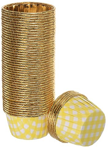 sourcing map Gold Yellow Plaid Cupcake Cups, 50pcs Aluminum Foil 3.5oz Standard Cupcake Liners Cupcake Baking Cups for Birthday Party Supplies Weddings Decorations