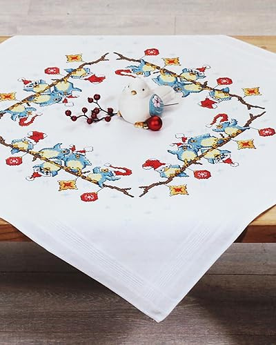 KAMACA Stickpackung Kreuzstich vorgezeichnet Baumwolle komplettes Stickset mit Stickvorlage Stickerei-Kit zum Selbersticken Erwachsene (Lustige Weihnachts – Vögel MD 80x80 cm)