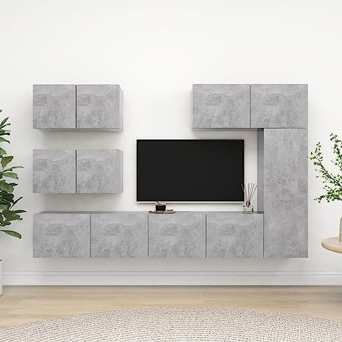 Annlera 6-TLG. TV-Schrank-Set Betongrau Holzwerkstoff Sideboard Hängend Wohnwand Hängend Tv Board Holz Lowboard Hängend Tv Möbel Tv Schrank Tv Cabinet Schrankwand Wohnzimmer Wohnwand Holz