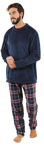 TRAMAS+ Pijama Coralina de Hombre Otoño-Invierno de Manga Larga Polar Calentito Super Suave, Conjunto de Pijama Súper Cómodo para Dormir y Estar en Casa - (M, Cuadro Curtis Azul Marino)