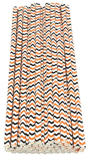 Haobase 50Pcs Paper Drinking Straws, Biodegradable Paper Straws for Drinking Cocktail, Coffee, Cold Drinks (Three-Coloured) (White/Orange Black Ripples)