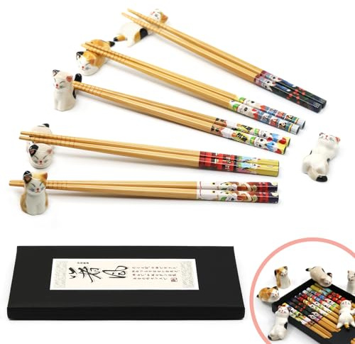 5 Pair Bamboo Chopsticks Set with 6 Porcelain Lucky Cat Rests for Dining | Reusable Tableware with Cute Japanese-Style Holders for Sushi, Noodles, Rice Bowls, Asian Dinner Parties and Gift Giving