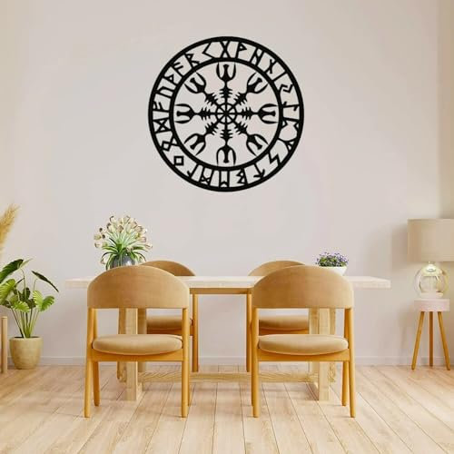 Arsey Metall Wikinger Deko Wand Nordische Mythologie Symbols Helm der Ehrfurcht Aegishjalmur Runen Vegvisir Mittelalter Wandornament Wanddeko Wohnzimmer, Schwarze, 28cm x 28cm