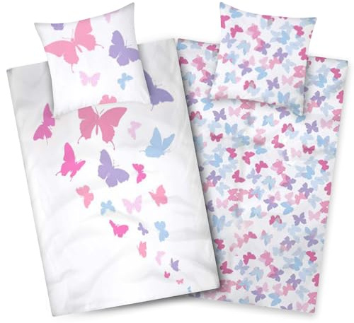 Aminata kids Bettwäsche Schmetterling 135x200 Mädchen 100% Baumwolle Schmetterlinge lila bunt weiß | YKK Reißverschluss | Tier-Motiv