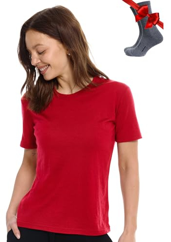 Camiseta Manga Corta Lana Merino Mujer - 100% Lana Merino + Calcetines (Medium, Rojo Cereza R)