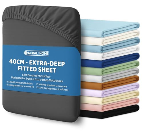 ACRALI HOME Double Fitted Sheet, 40cm Extra Deep Pocket, Microfiber Gray Bottom Sheet for Double Bed - Easy Care Hotel Quality Soft Bedsheet - Breathable Shrinkage and Fade Resistant
