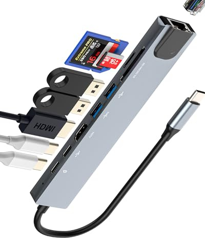 Hub USB C(8 In 1)Adattatore HDMI 4k Per IPhone 15 Lan Ethernet SD TF Micro SD Schede Lettore USB OTG 3.0 Multiporta Docking Station MacBook Accessori iPad Tablet Type C Alimentato SDoppiatore tp-8in1